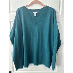 Sports Savvy Drop V-Neck Tipped Sweater Dark Teal Size Large